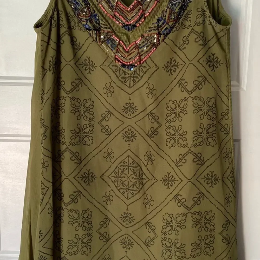Free People Olive Green Chiffon Mini Dress Size XS Beaded V-Neck Collar